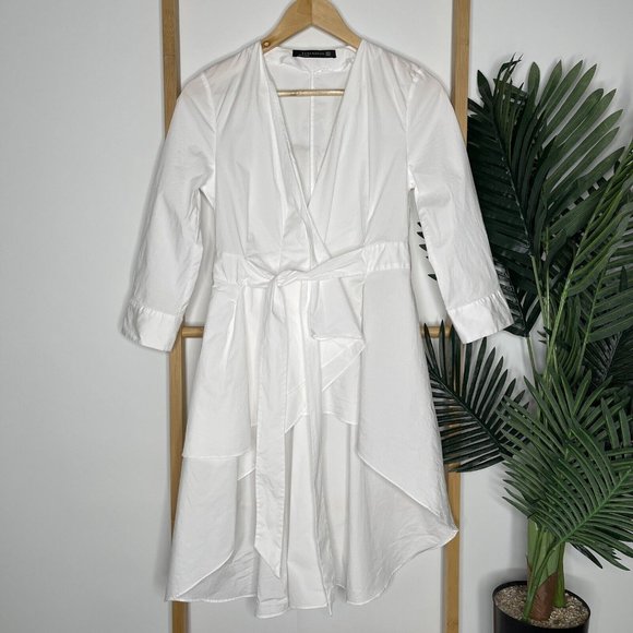 SOLD Zara White Asymmetric Tunic Top Size XS Wrap Tie Draped 3/4 Sleeve Cotton - Picture 2 of 12
